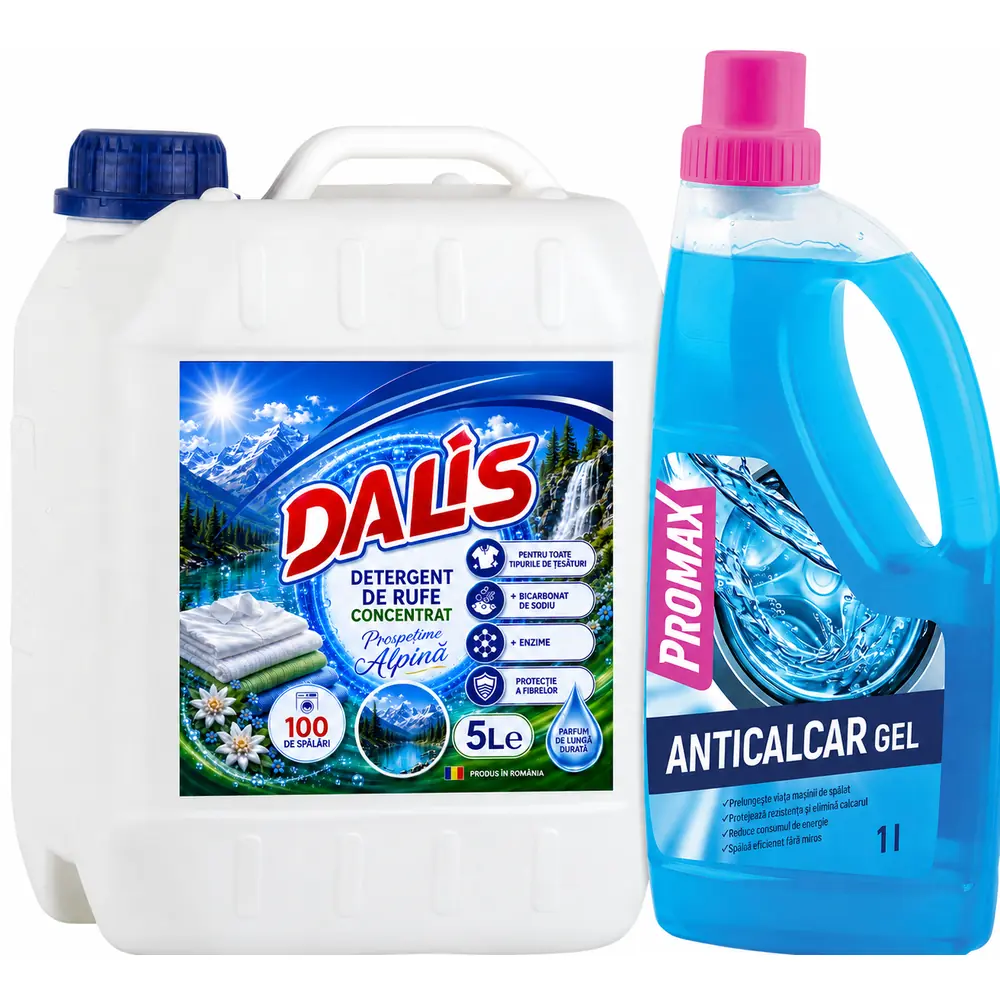 Pachet 5L Dalis Prospetime Alpina-Detergent Lichid Rufe+1L Promax Gel Anticalcar