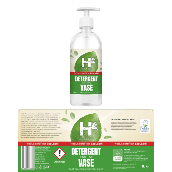 Higeea-Detergent lichid de vase cu pompiță, 1L Produs Verde