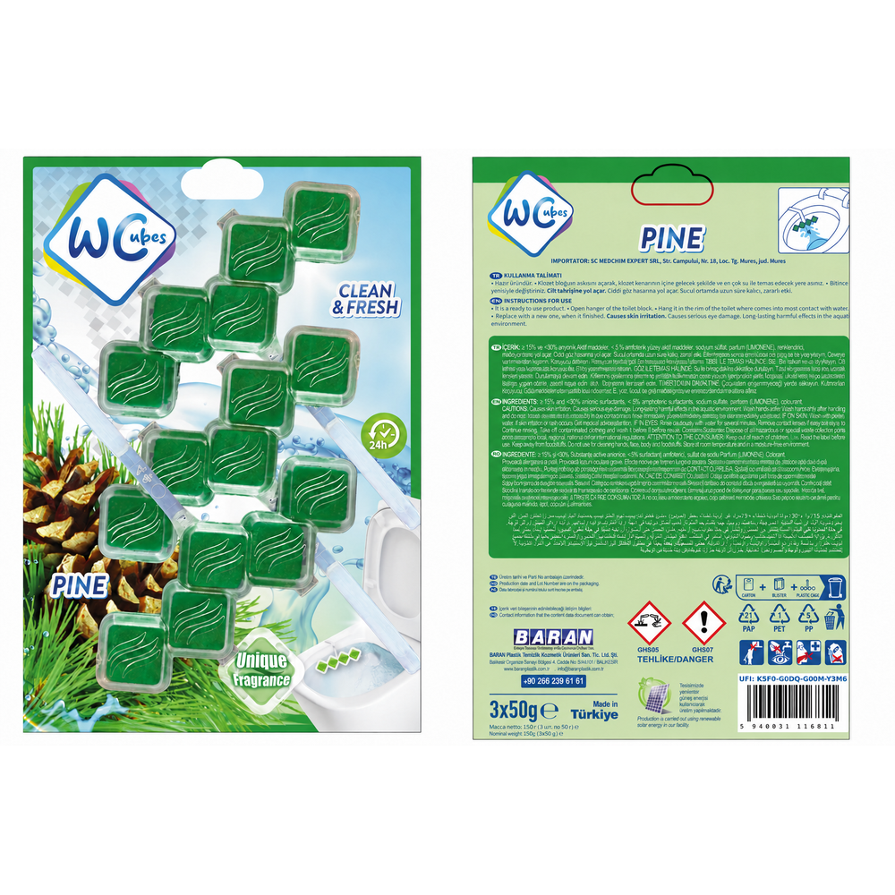 WCUBES TOILET CLEANER BLOCK PINE-Odorizant cu suport pentru toalete